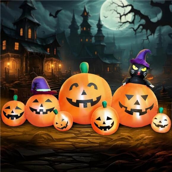 8 FT Halloween Inflatables Pumpkin with Witch's Cat Outdoor Decorations